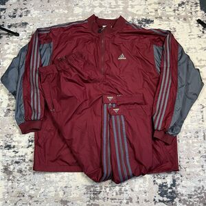 Vtg 90s Adidas Full Tracksuit Tearaway Pants Full Zip Sz 2XL Maroon Gray Stripes
